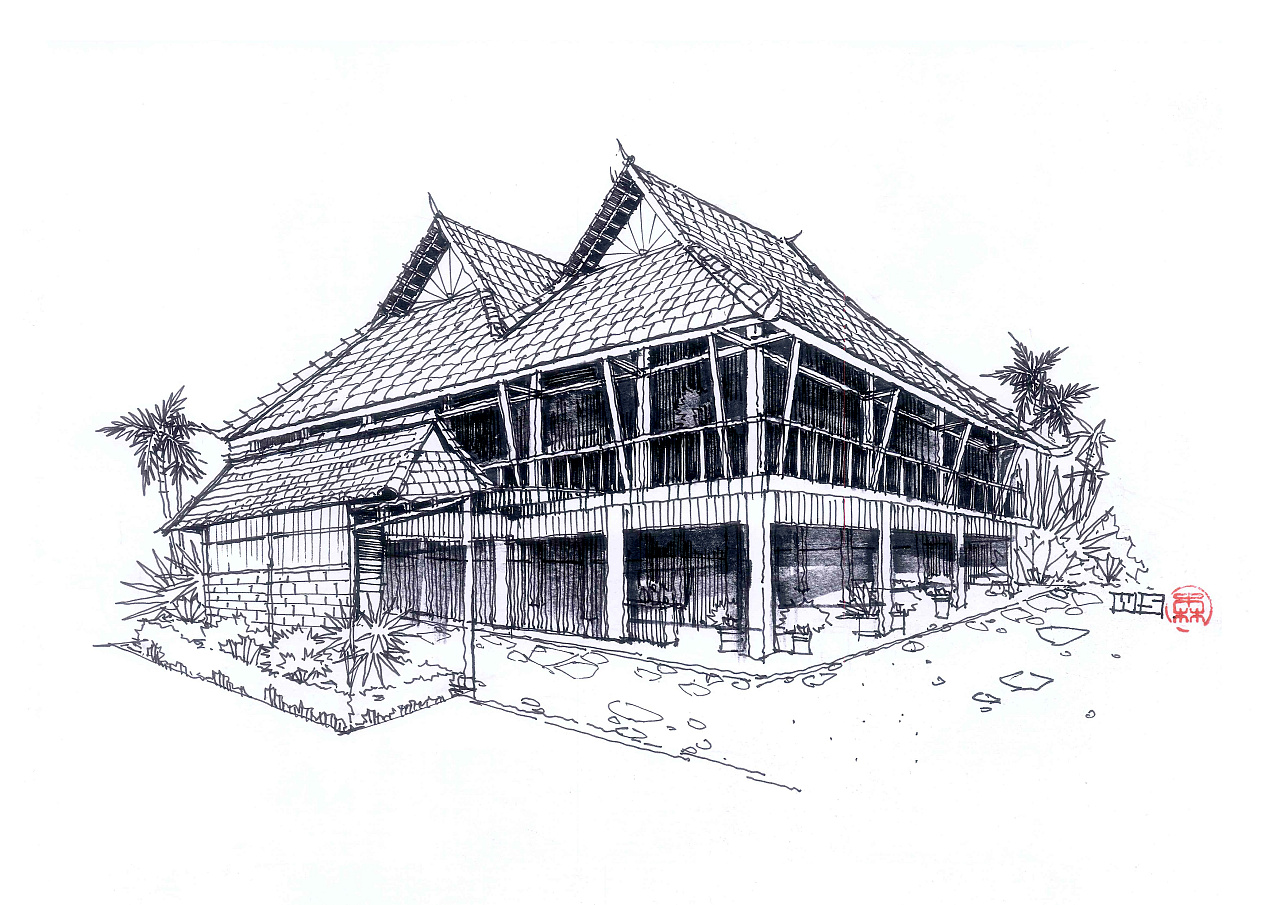纳西族建筑手绘图片