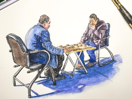 原创水彩画 | 延安新区水果市场 下棋的人 对弈