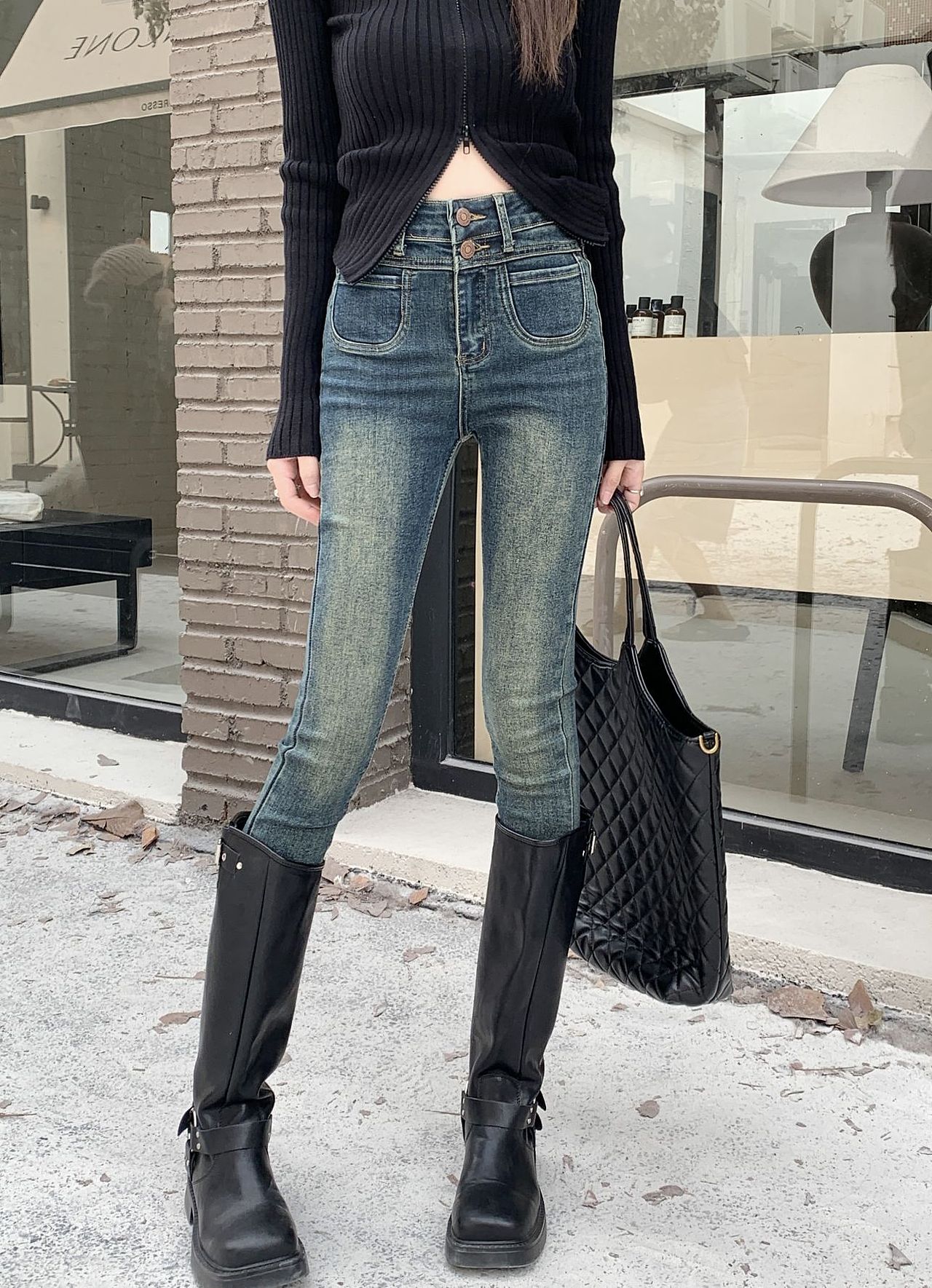 高腰牛仔裤女秋冬修身弹力紧身铅笔裤子休闲直筒裤