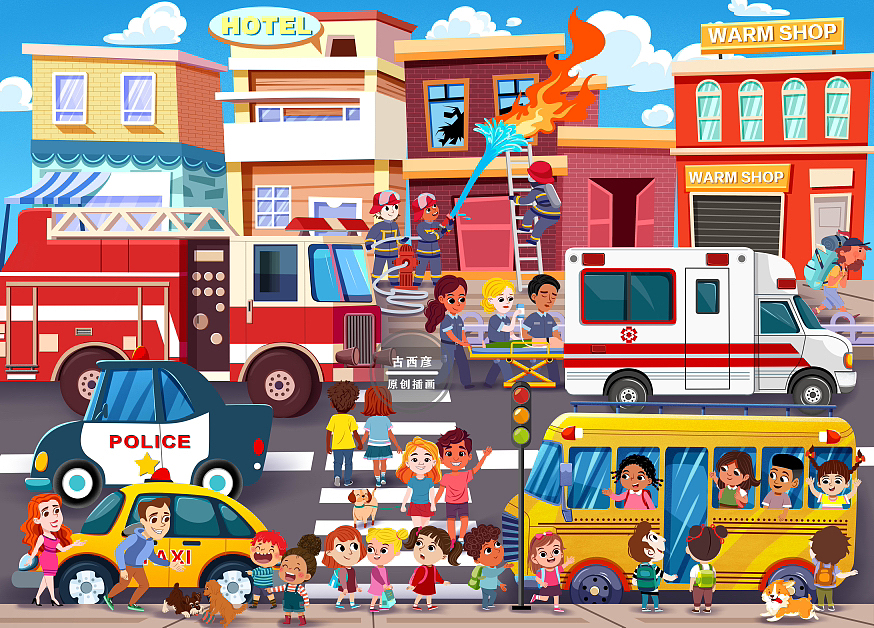 扁平风城市生活拼图/绘本记录插画