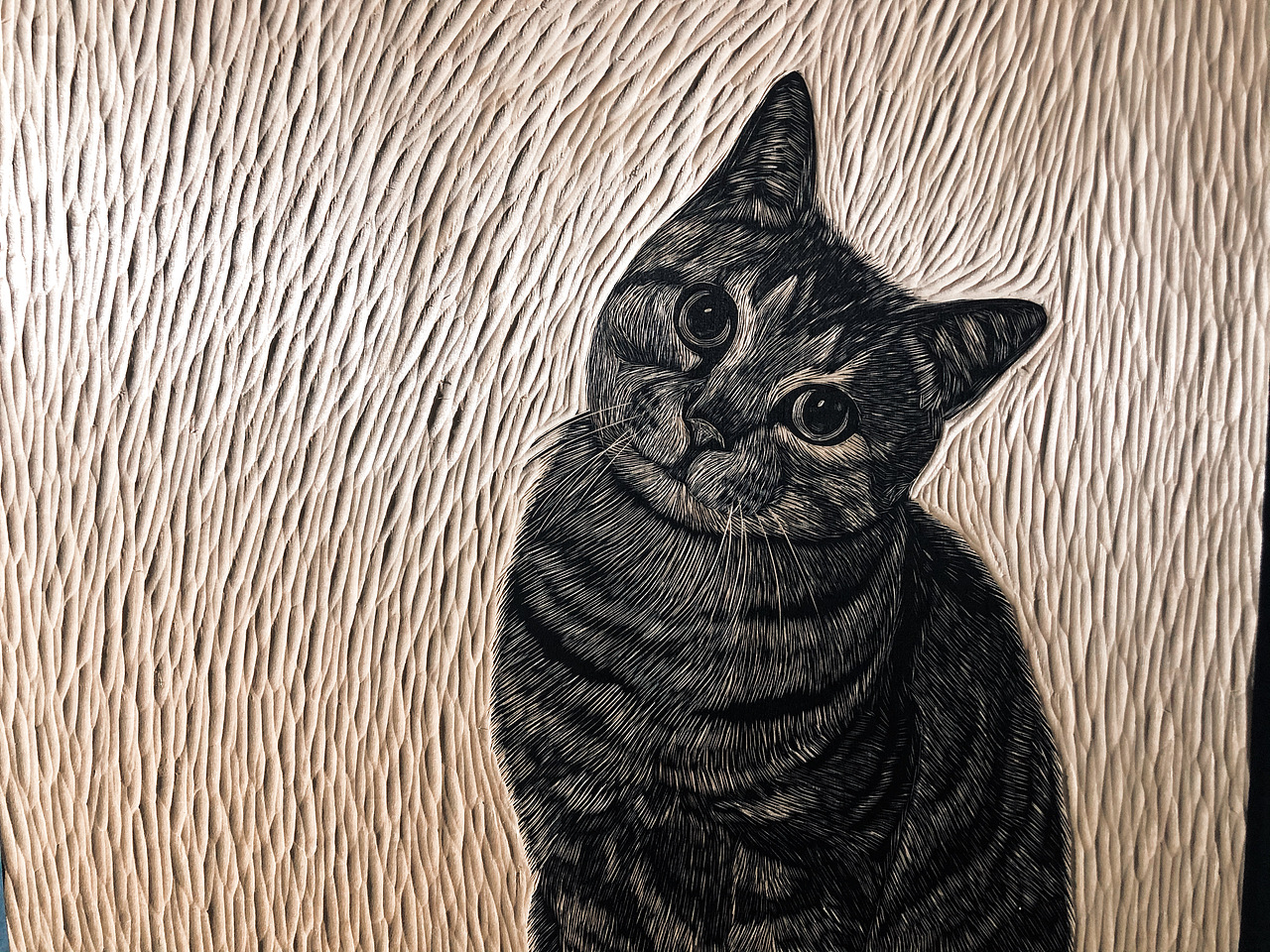 手工雕刻猫咪黑白木刻版画