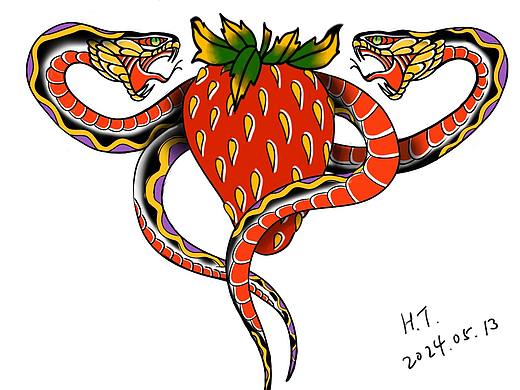 oldschool tattoo design草莓和蛇纹身手稿