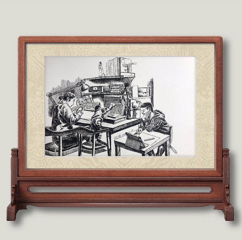 《冬日的周末》亲子生活场景画家杨瑞钢笔素描作品