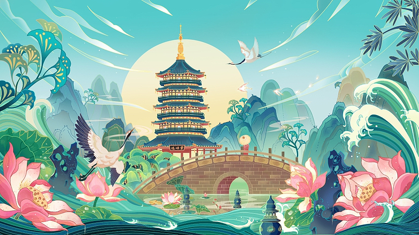 城市印象-国潮插画杭州
