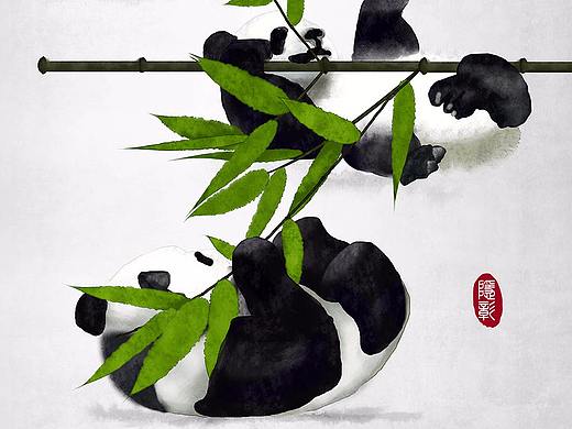 熊猫竹叶竹子意境24节气水墨画中式中国风古风插画