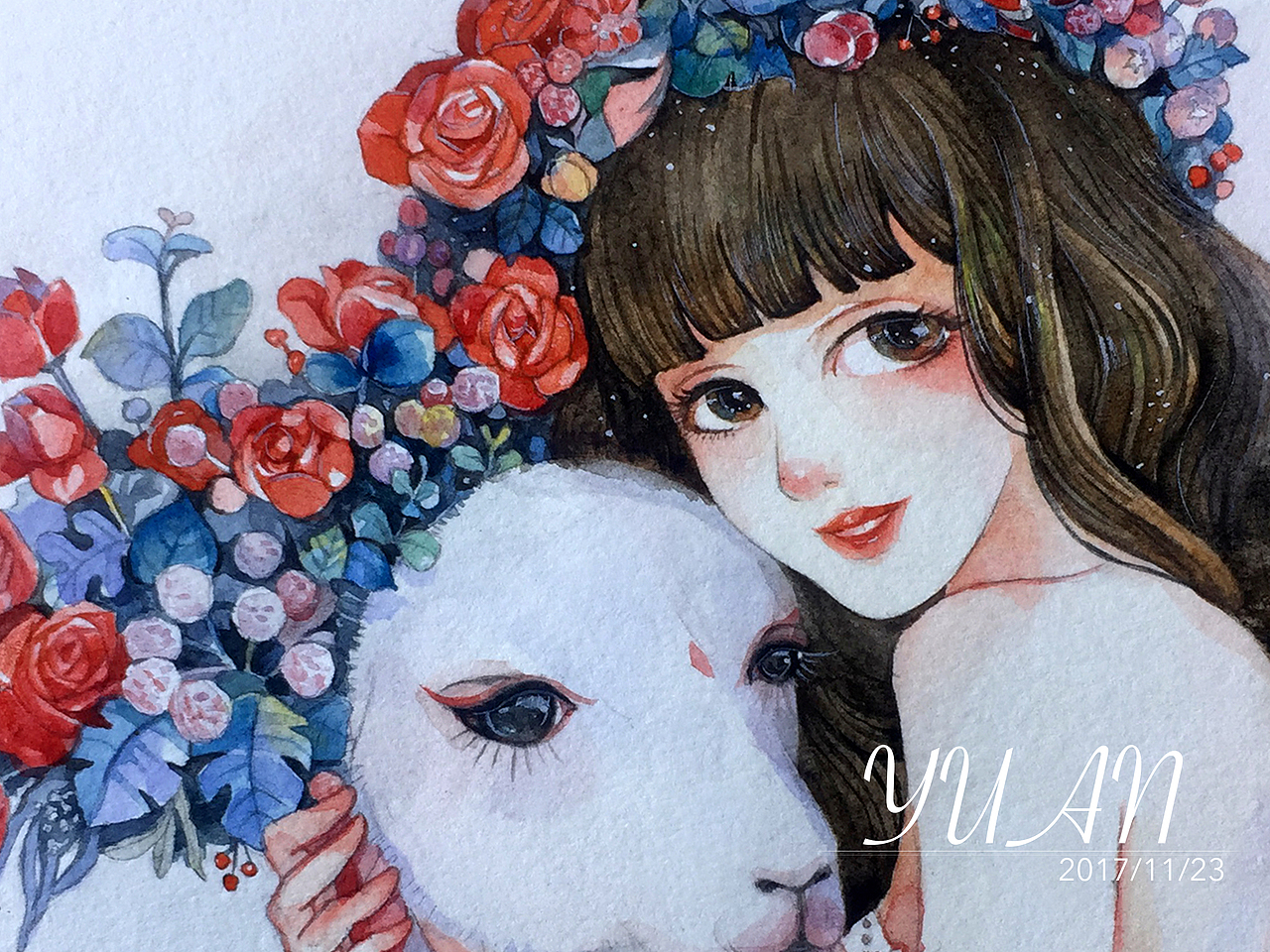 水彩插画 花卉 女孩