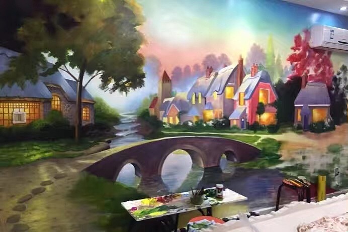 小桥流水人家,别人家的涂鸦!高档别墅墙面绘制流程图