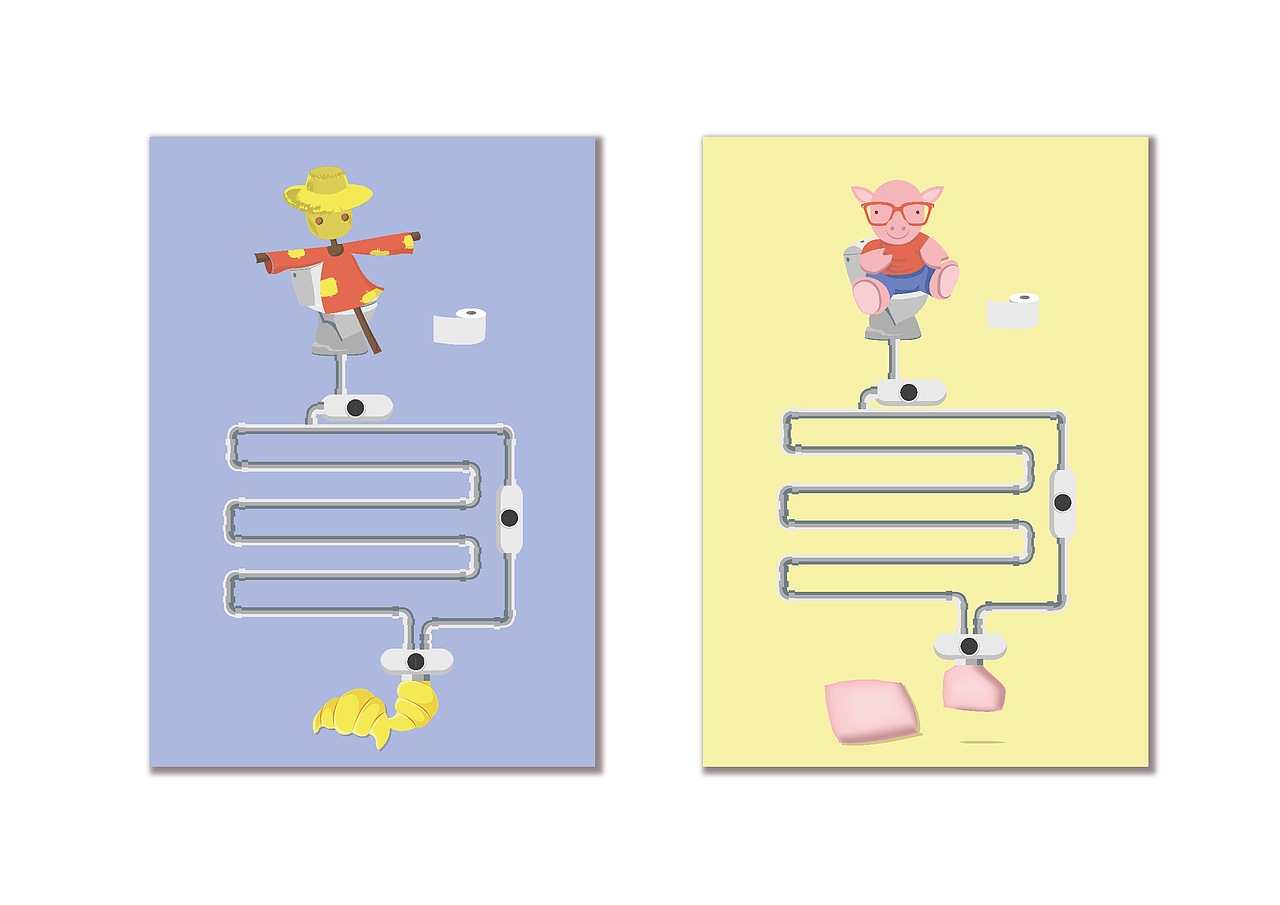 主海报是各种东西都有不同的便便,从材质和便便形状出发:雪人的便便是冰激凌,木马的便便是桌球,毛绒玩具猪的便便是抱枕,稻草人的便便是羊角面包。