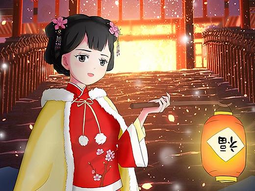 贺岁新年图雪夜中国风插画少女