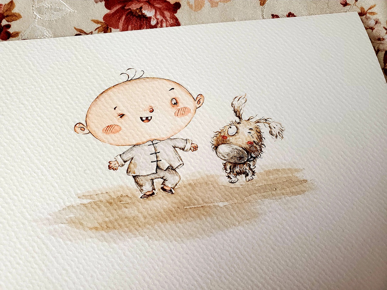 手绘水彩-男孩与小狗