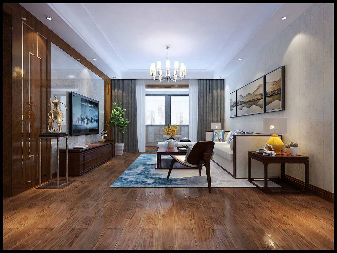 滕州观唐装饰公司金河湾147平新中式风装修效果图案例（图ZMTE0Mzk3NDA4） - 家装设计 - 站酷设计师滕州设计师原创素材 - 站酷ZCOOL