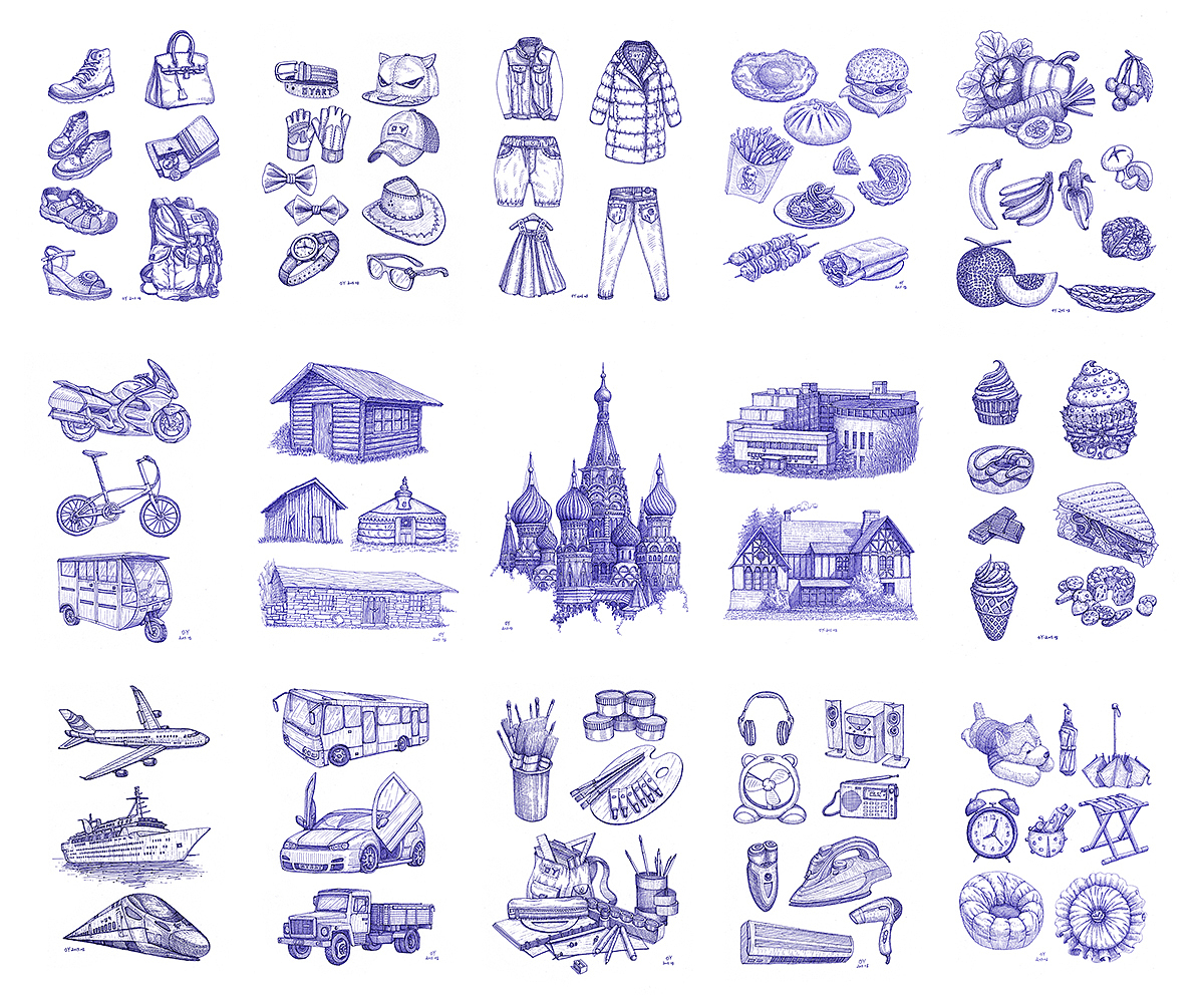 OY圆珠笔画：衣食住行用（图ZMzI3MjI5MjQ=） - 艺术插画 - 站酷设计师欧阳鹏杰_OY原创素材 - 站酷ZCOOL