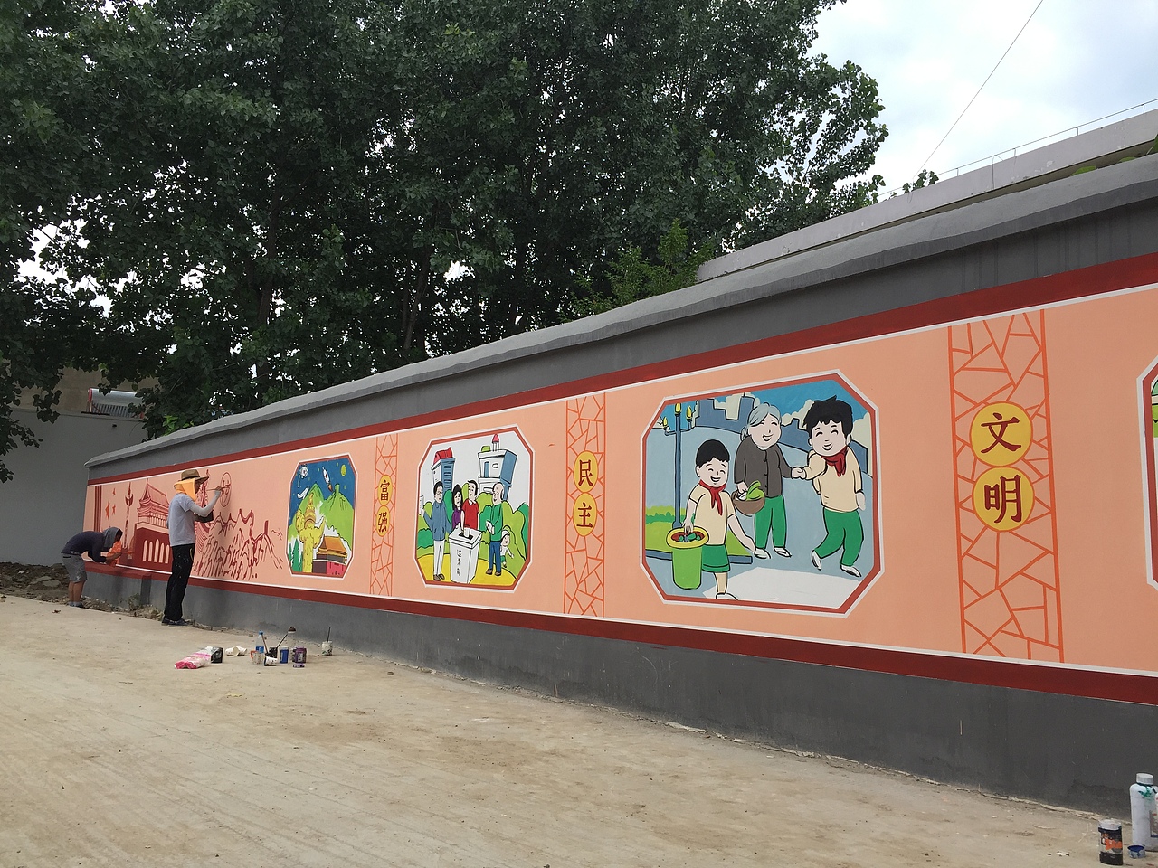 文化墙绘、价值观彩绘、国画窗画