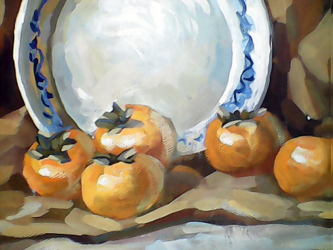 《有白盘子的静物》水粉(局部)