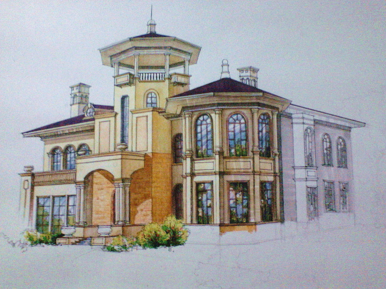 欧式风格别墅外观手绘效果图(上色步骤)