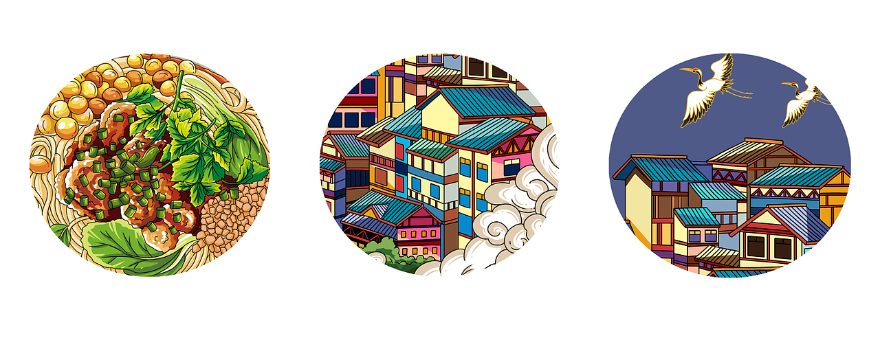 国潮城市美食面插画（图ZMjUwNjczNjM2） - 商业插画 - 站酷设计师元元汽水原创素材 - 站酷ZCOOL