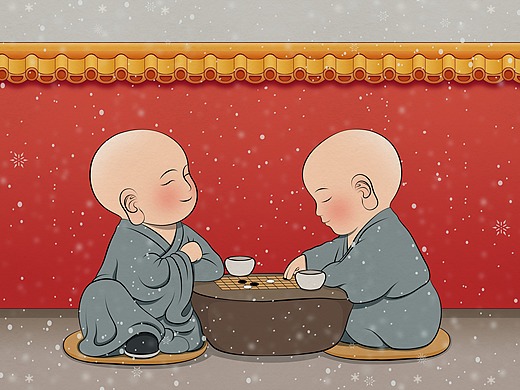 小沙弥 小和尚 雪中下棋