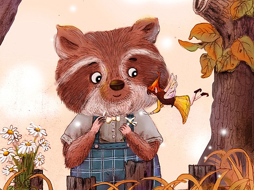原创童话风故事插画  浣熊和精灵