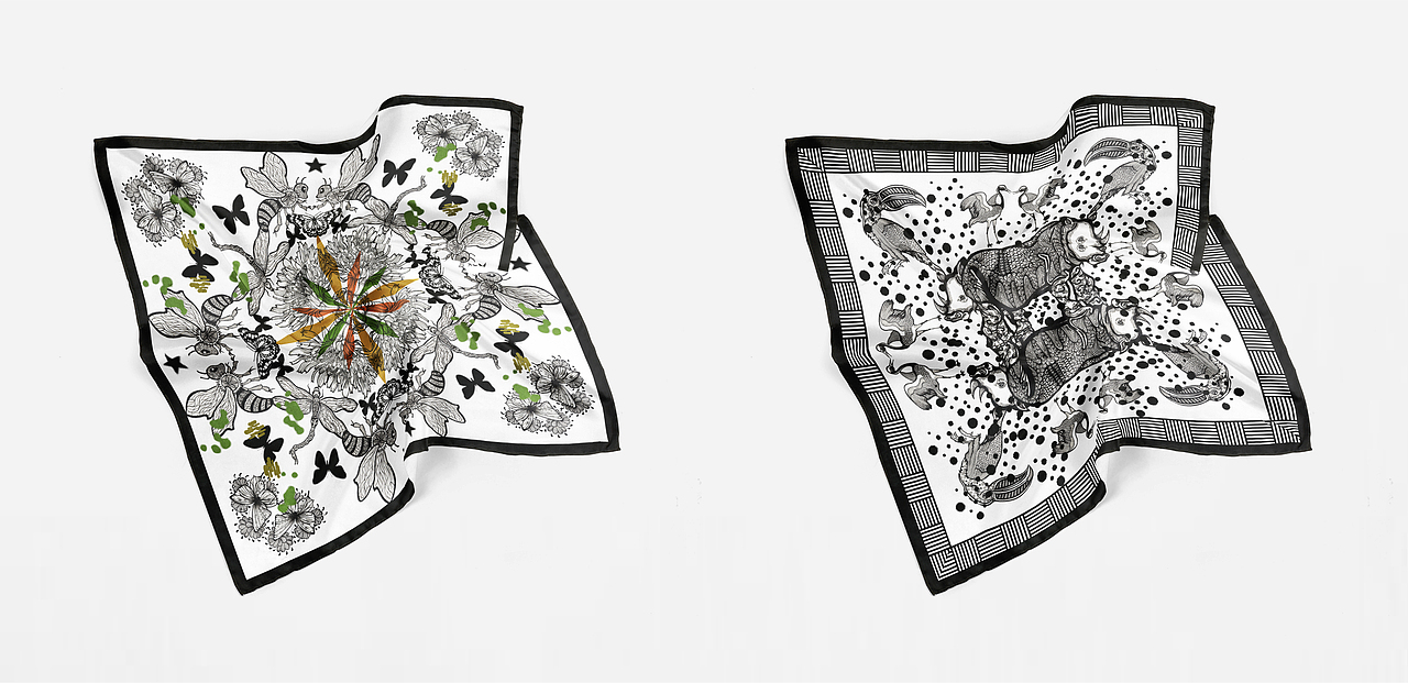 手绘动物组合图案丝巾/T恤设计