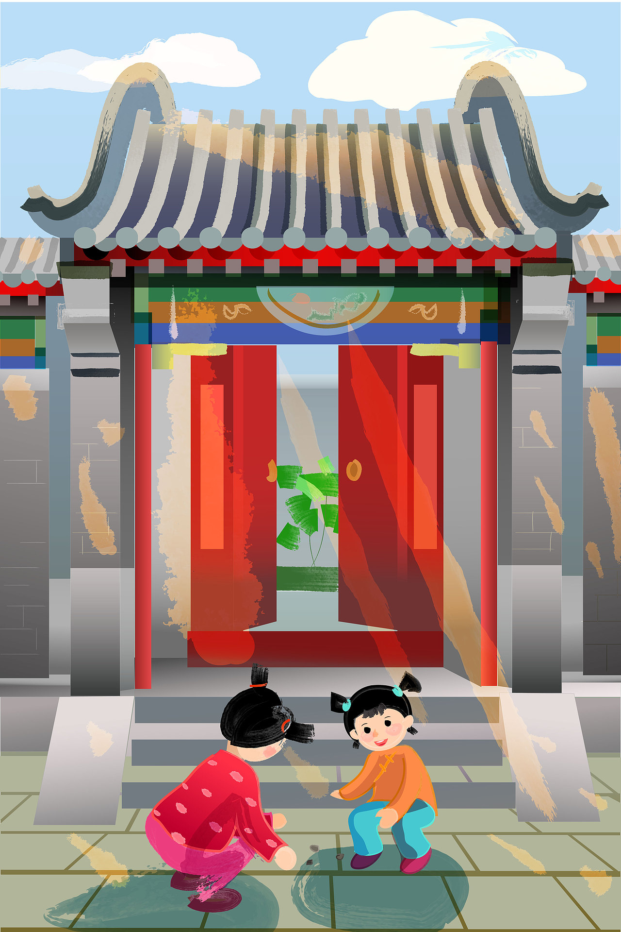 红色四合院北京传统建筑童年矢量插图