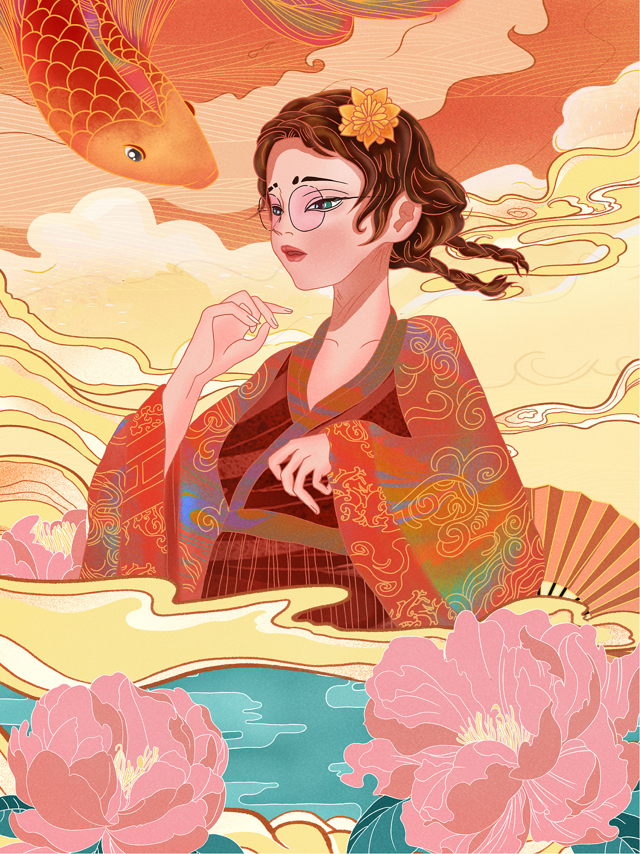 国潮春节锦鱼少女唯美风中国风复古插画