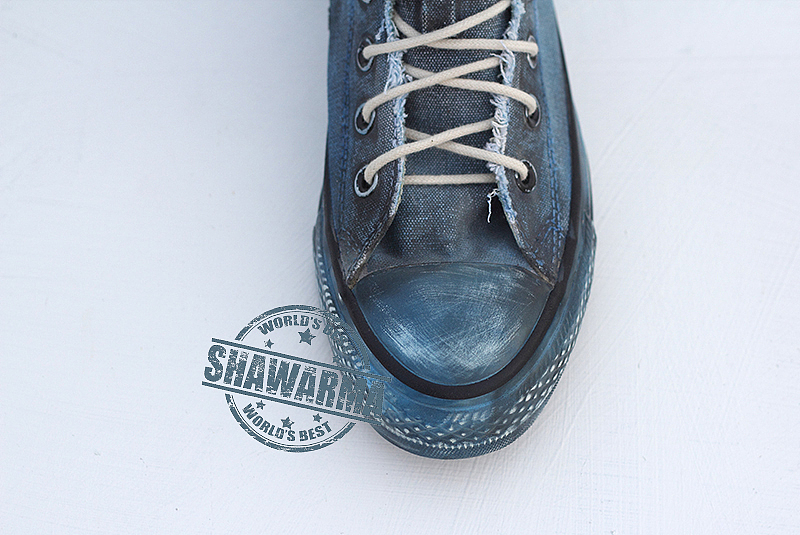 经典公路风格牛仔色打磨手工水洗做旧帆布鞋