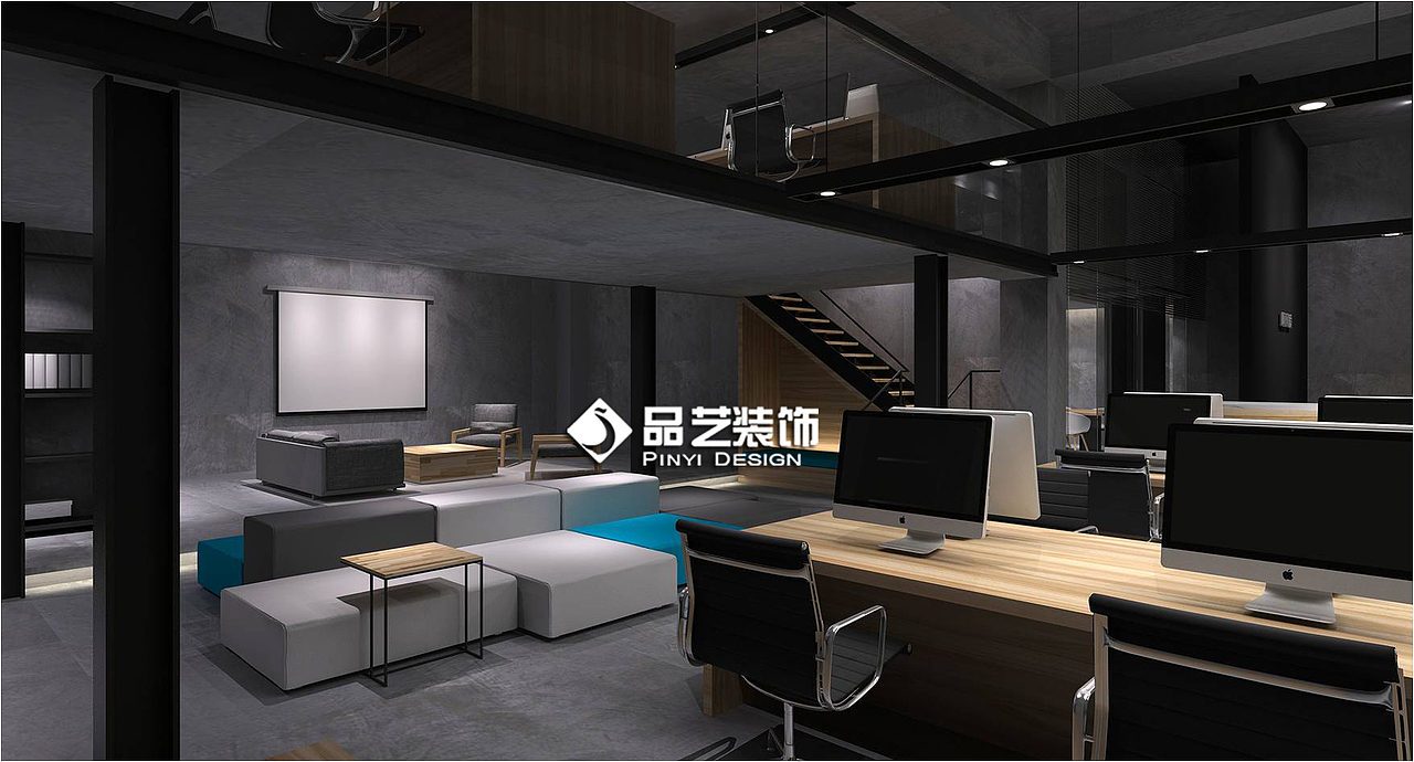 工业复古loft风格办公室 工作室装修设计 水泥墙,水泥漆地面创新混搭风格办公室设计