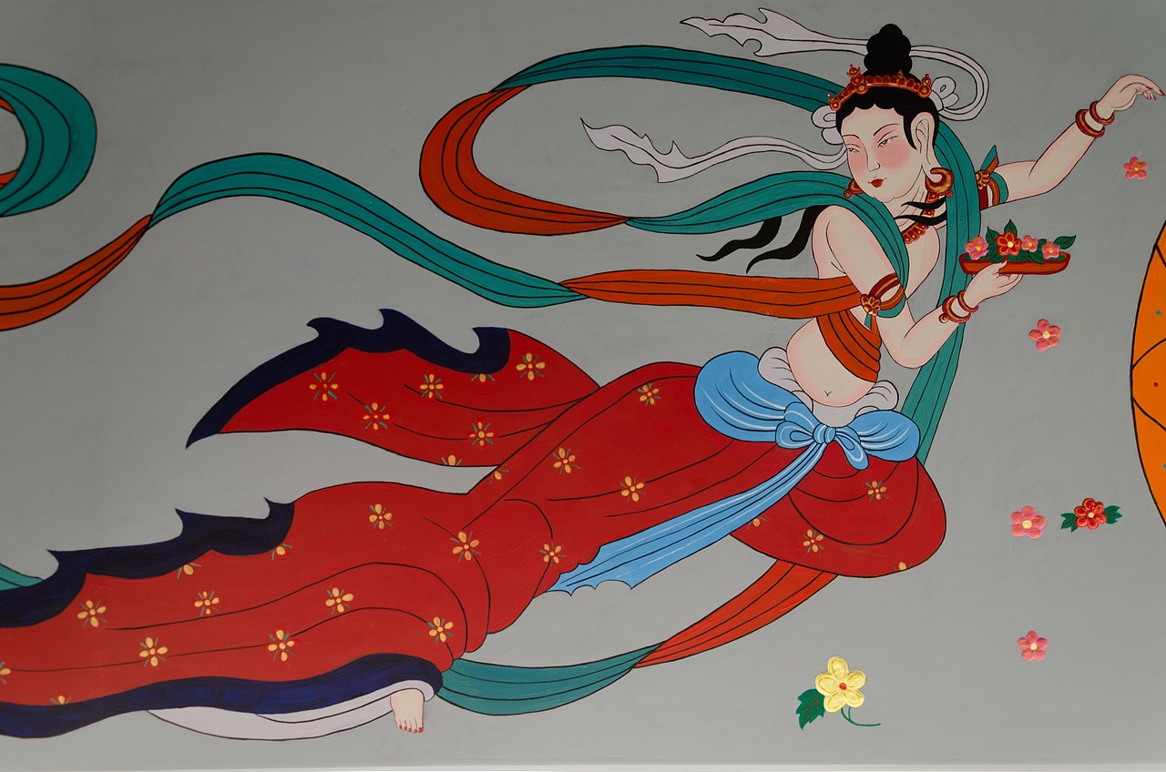 飞天供养图纯手绘