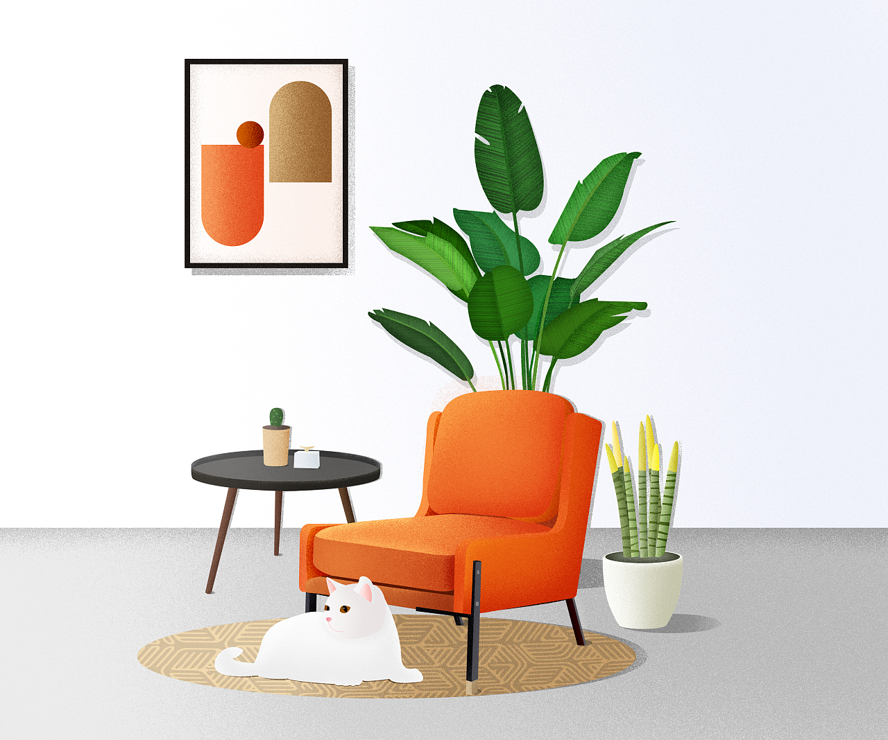 室内一角,沙发,植物,挂画|插画|创作习作|月下寒心松 - 原创作品