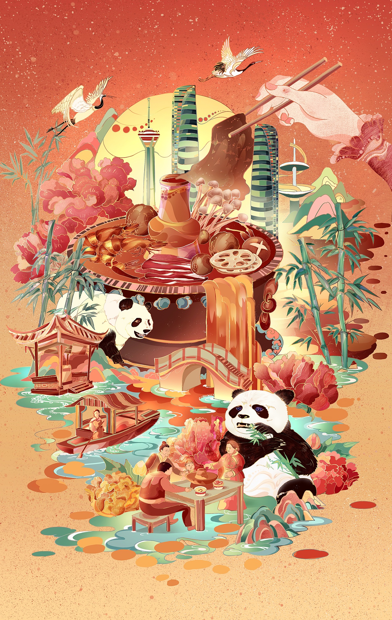 成都美食—國(guó)潮風(fēng)禮盒包裝插畫（圖ZMzMyMzYxNDg4） - 商業(yè)插畫 - 站酷設(shè)計(jì)師夏洛菲原創(chuàng)素材 - 站酷ZCOOL