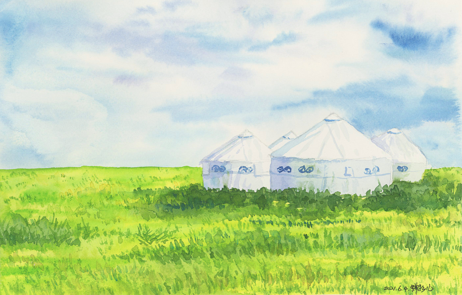 草原风景水彩画