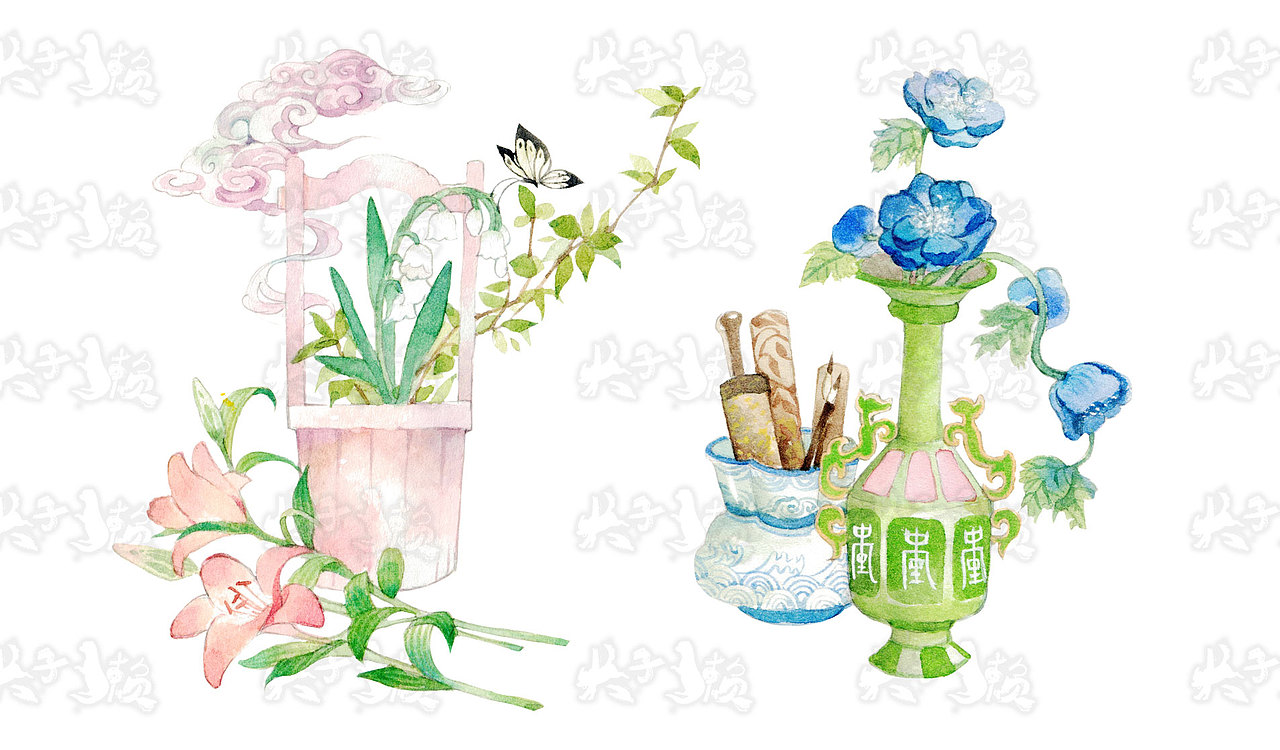 手绘不透明水彩古风花篮（图ZMjgxNTk4MzY0） - 商业插画 - 站酷设计师犬子獭原创素材 - 站酷ZCOOL