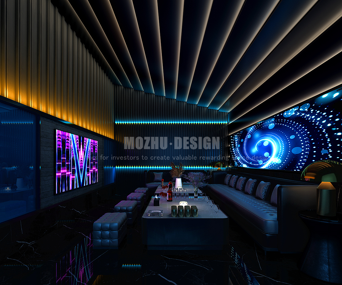 包间一墙面使用朗生板包间二墙面使用鳄鱼皮
<br>灯光使用可控吊灯地面使用深灰色石材<br><br>木材所用使用深灰色木饰面<br><br>在LIve House的现场体验最沉浸的音乐