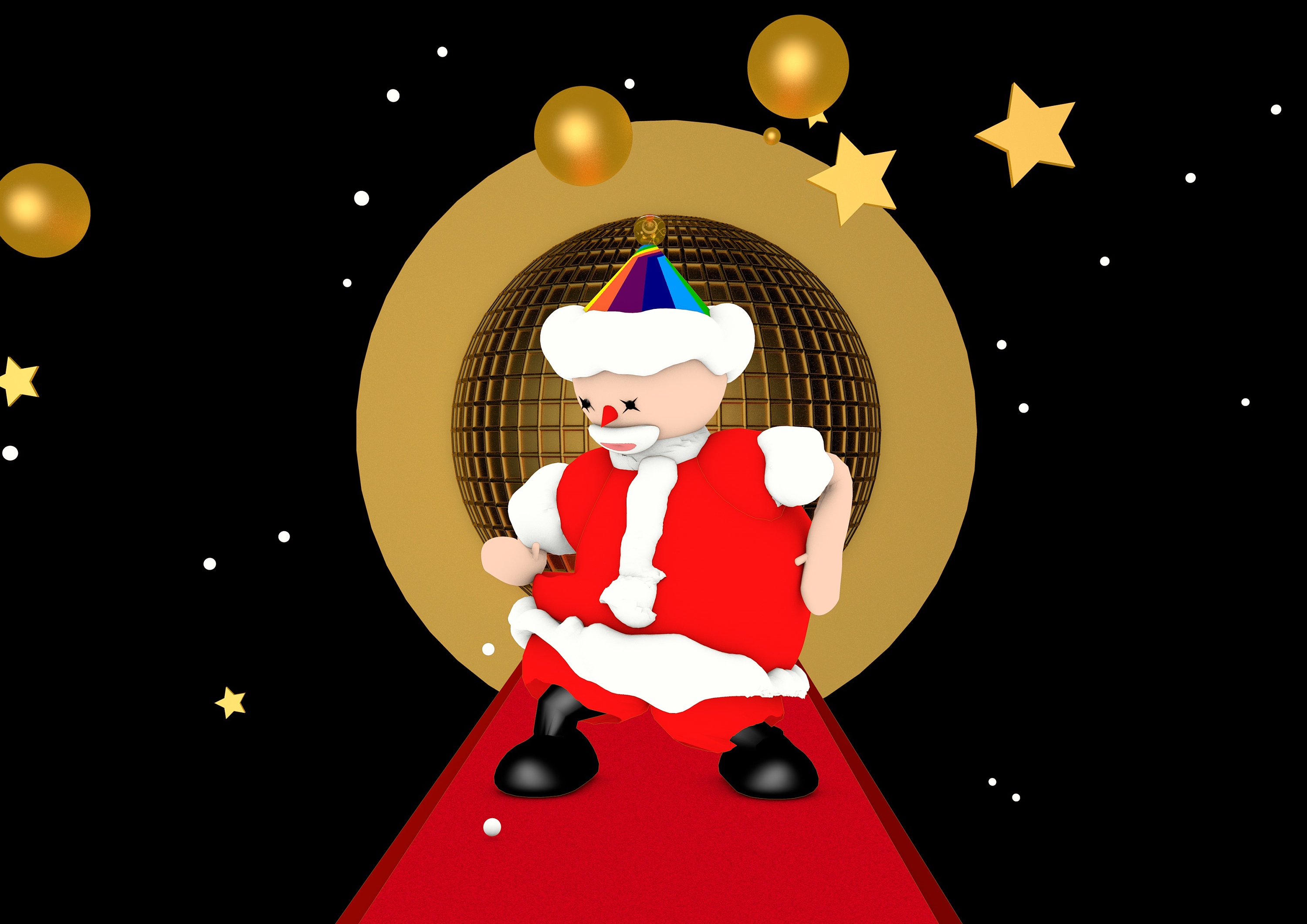 圣诞老人被星星彩球雪环绕快乐的跳舞christmas father