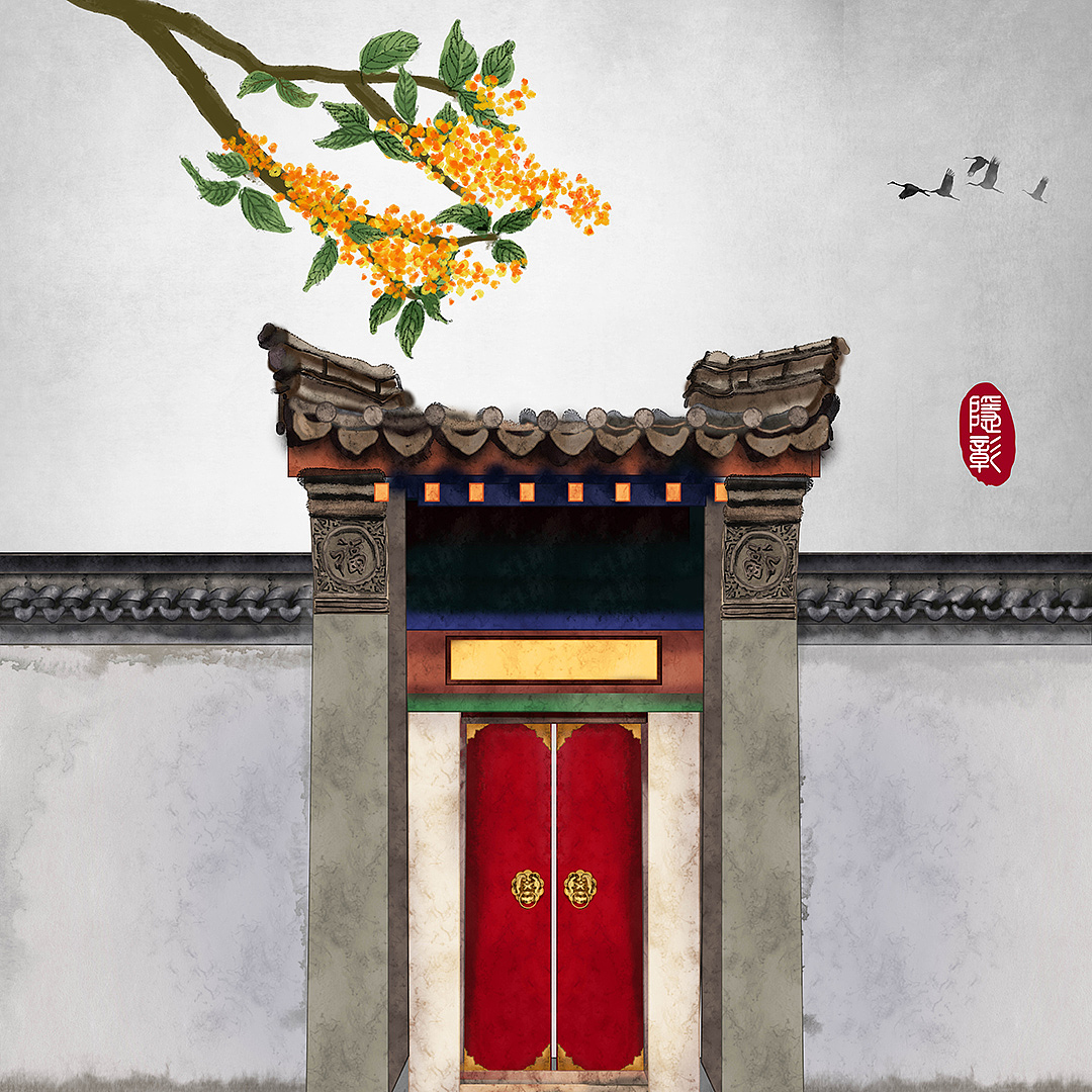 中式门古建筑古门桂花中秋飞鸟古风水墨画古风插画（图ZMjIzNDg3MTI4） - 商业插画 - 站酷设计师隐彰原创素材 - 站酷ZCOOL