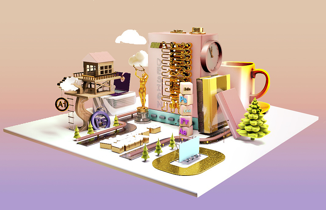 c4d建模 小场景 美果设计大作业练习|三维|场景|熊果art - 原创作品