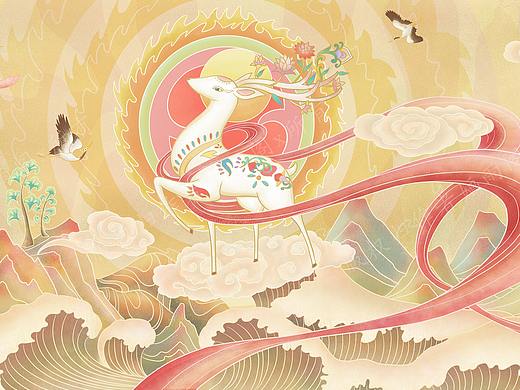 七色鹿浴盆插画