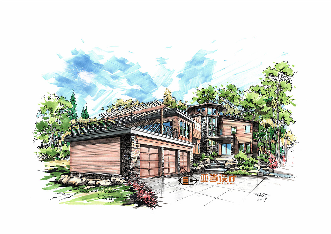 别墅设计马克笔手绘江西农大风景园林复试快题