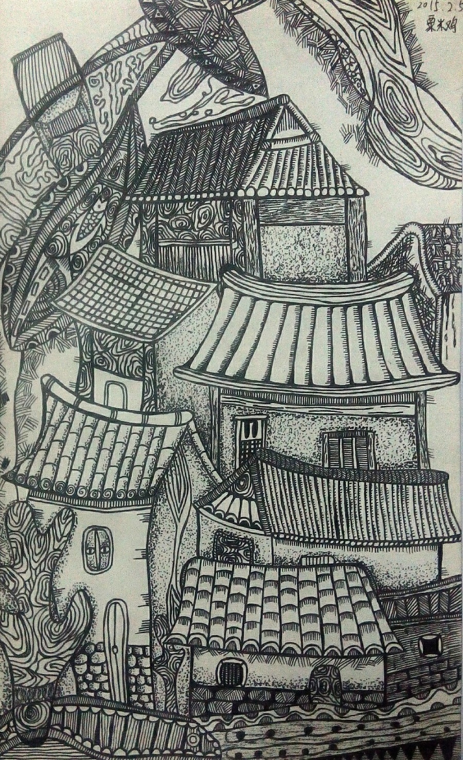 画中线条,图形等紧凑相密,图案变化多端,手法多变.