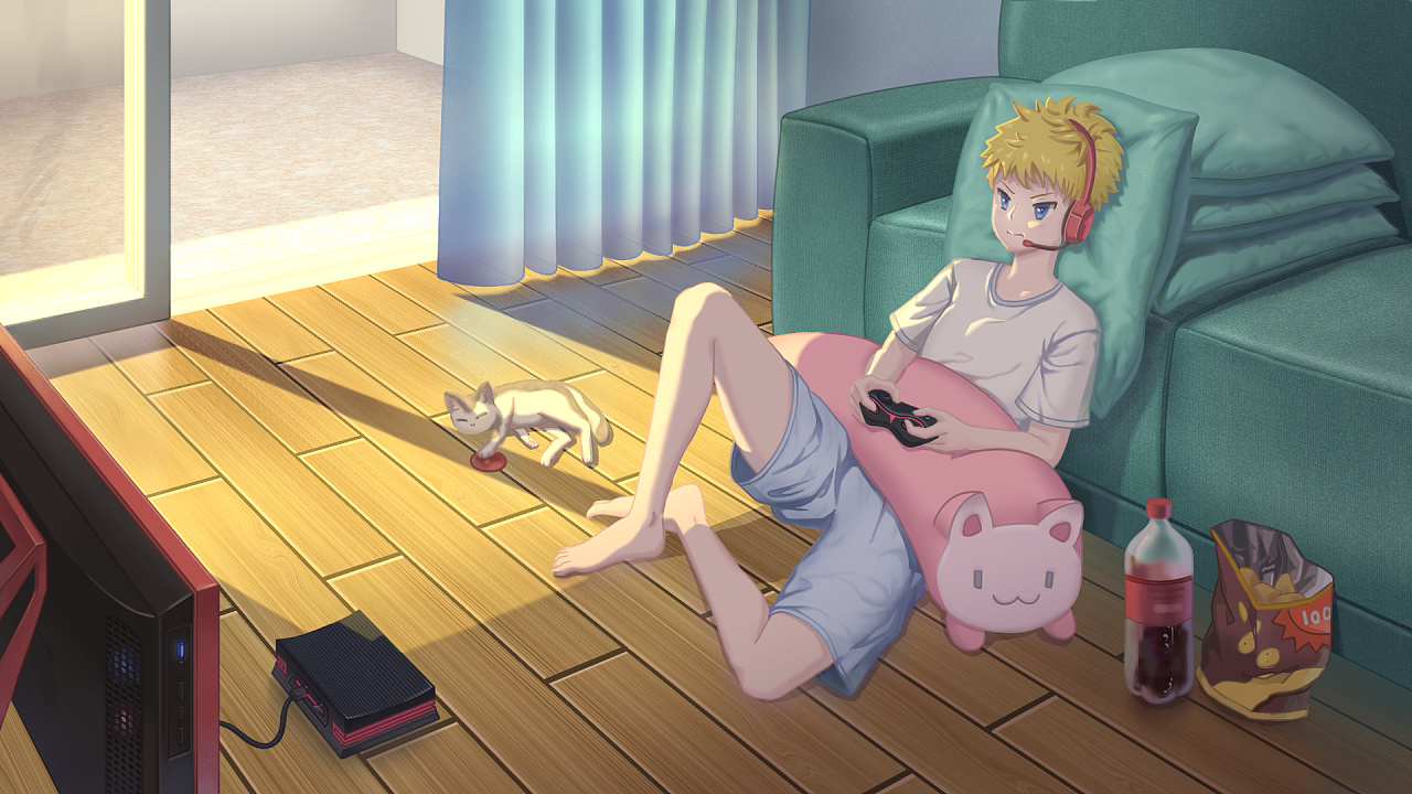 宅在家打游戏的精神小伙|插画|创作习作|红红家的cc - 原创作品