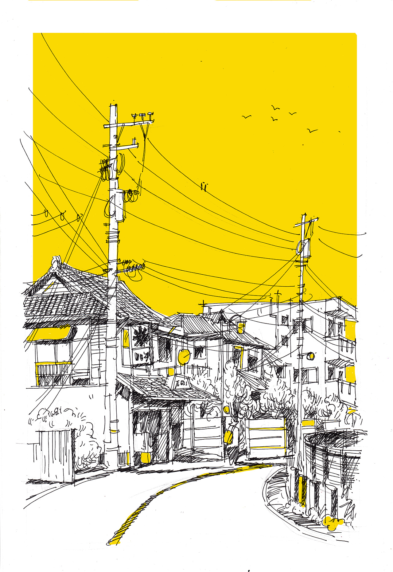 钢笔插画《街景》