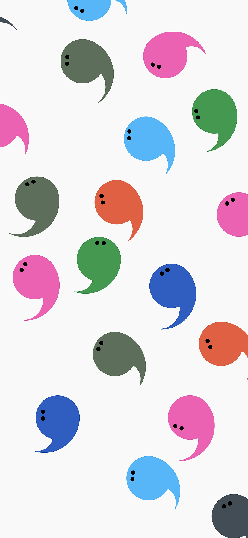 的符号冒号和逗号设计成了青蛙父母和它们的小蝌蚪们讲话玩耍的情景