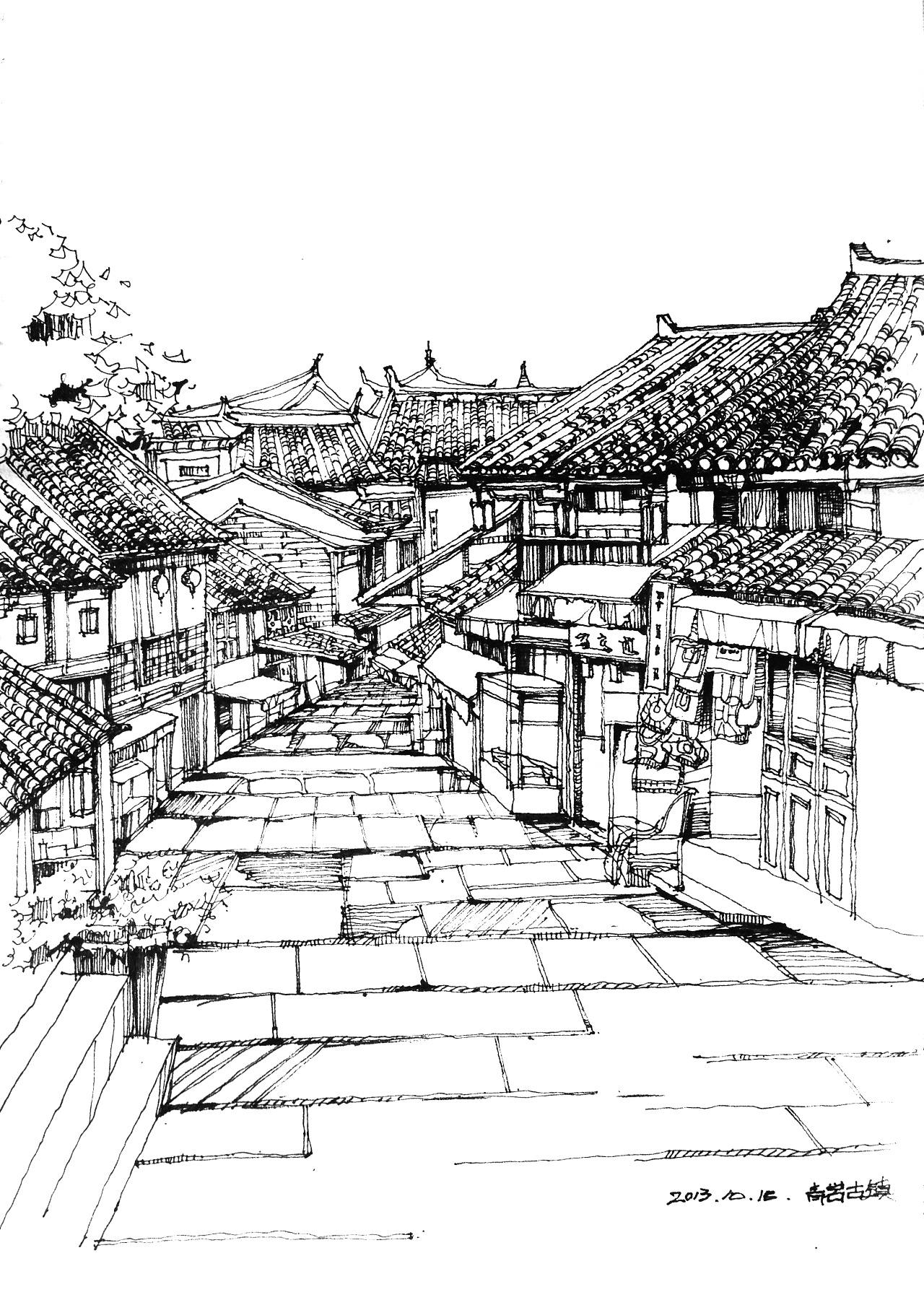 江西苗寨写生手绘图