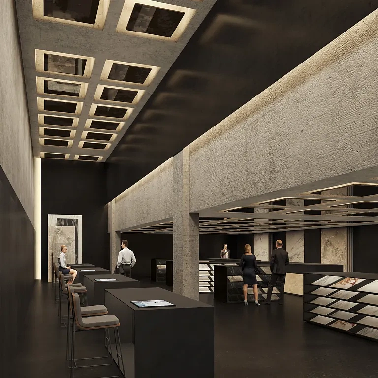 在保持空间特征和本质的前提下,设计方案在寻求一种与众不同的环境。清除多余的残留材料,然后通过黑砖覆盖物,将品牌推广的材料的与原始材料整合在一起。展现出一个与现有事物相辅相成的世界,增强其美感,在其上有一个由程序控制的精美画布。