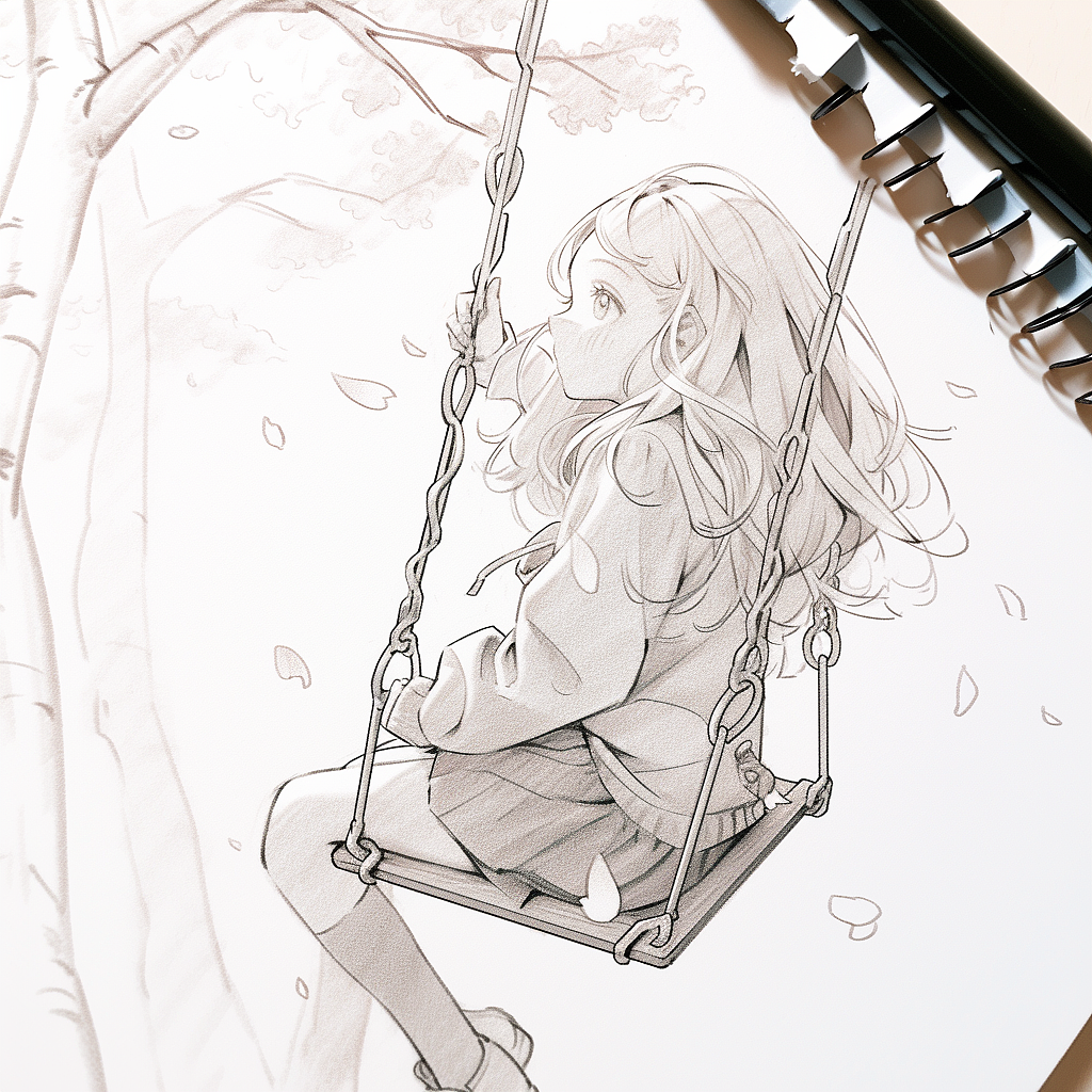 浪漫漫画风女孩荡秋千