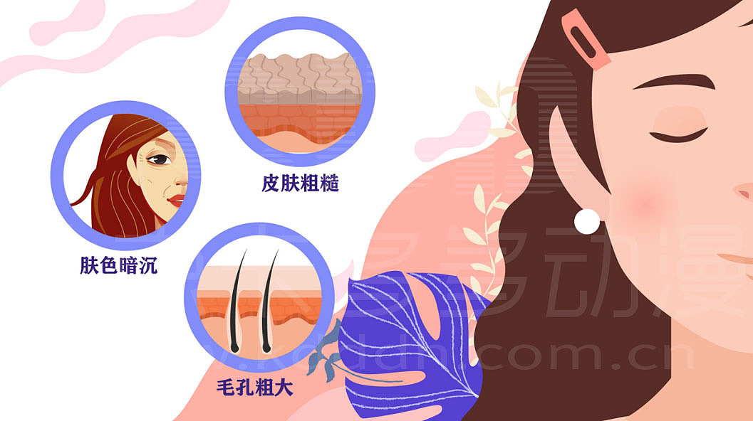 扁平风动画《8D水雕》采用高端的紫色系与接近皮肤颜色的橙色系进行搭配,辅以流动性的花草作为点缀,将整个美容过程的高端与舒服展现得淋漓尽致。