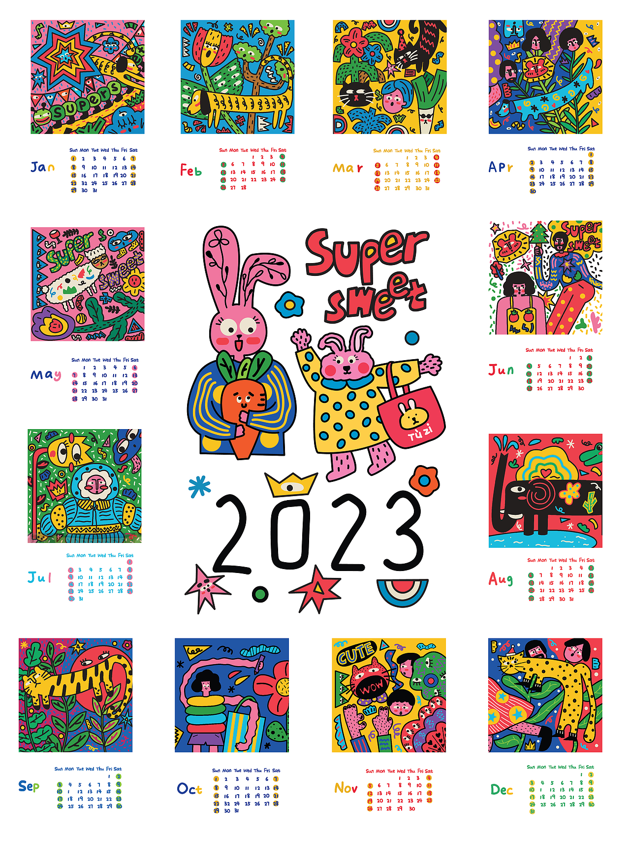 2023兔年原创插画日历 x 西猫柿 ｜ 可爱搞怪日历（图ZMzI1MTgwNDg0） - 商业插画 - 站酷设计师西猫柿原创素材 - 站酷ZCOOL