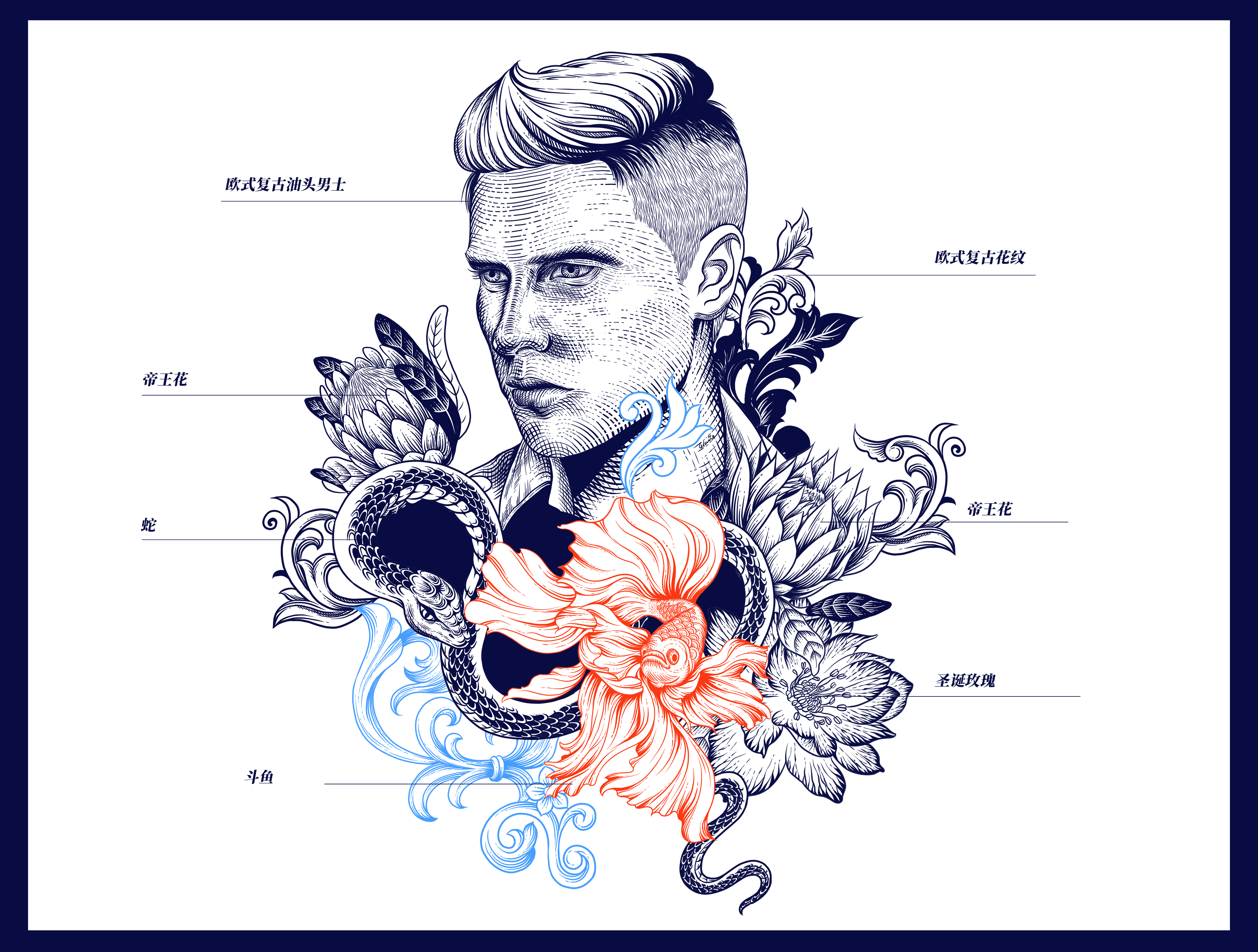 欧洲男士油头理发造型器包装插画