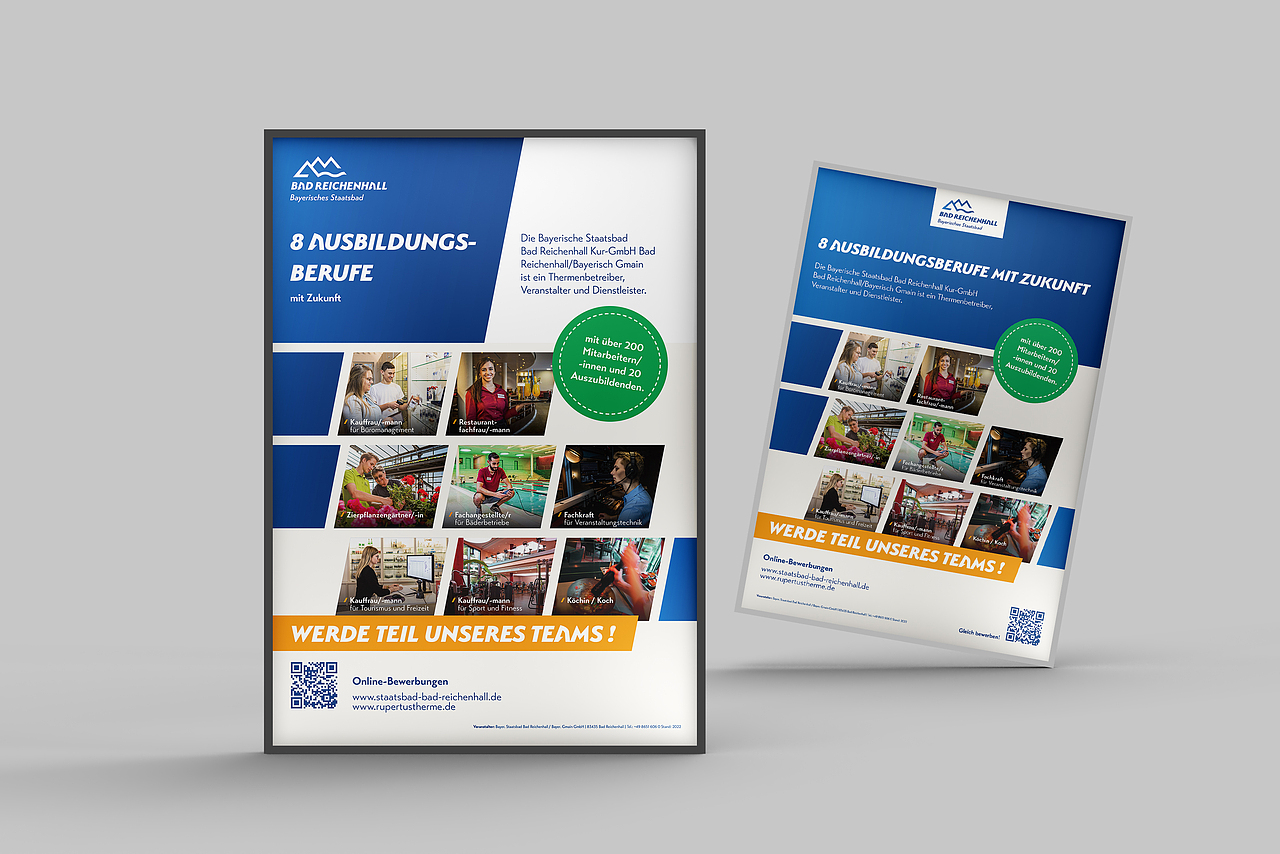 Badreichenhall Kurbetrieb是在奥地利一家星级酒店。图中是为其设计的两份招工海报。同样款式还有线上Social Media版本。
<br>甲方要求:保持视觉统一。