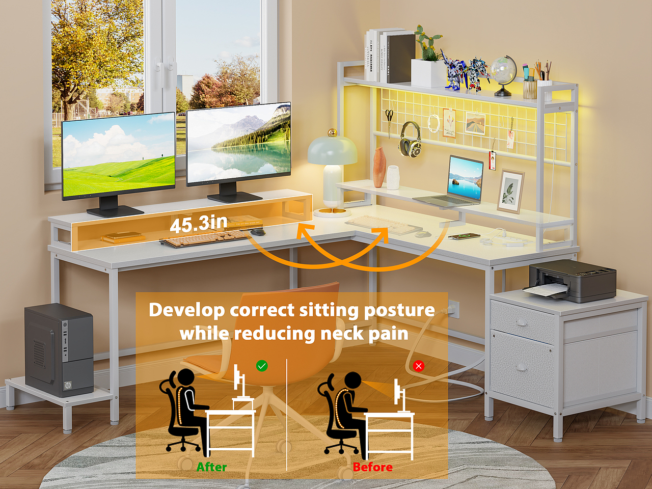 L-DESK WITH HUTCH AND POWER OUTLETS